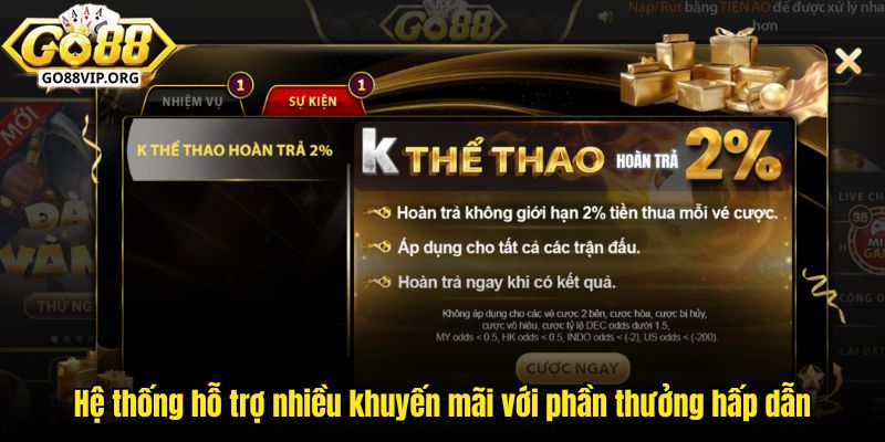 Hệ thống hỗ trợ nhiều khuyến mãi với phần thưởng hấp dẫn